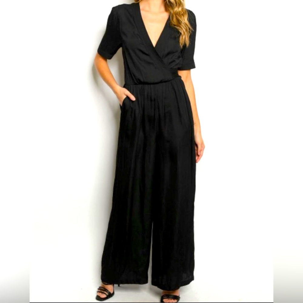 Black wide leg jumpsuit with tie belt